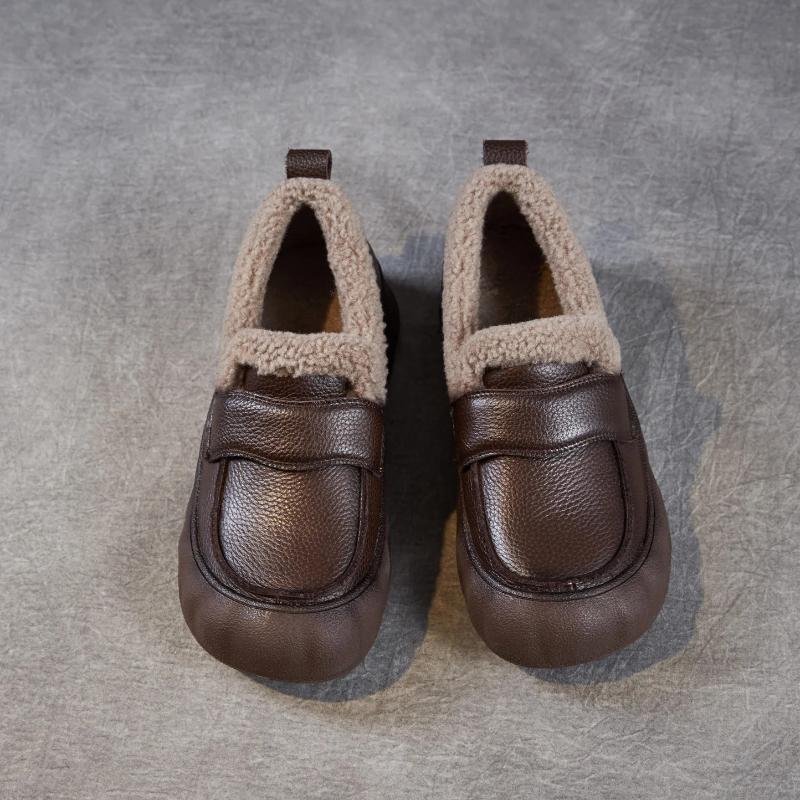 Johnature Genuine Leather Flat Slip-on Cotton Shoes Casual Soft Sole With Plush Warm Women's Loafers