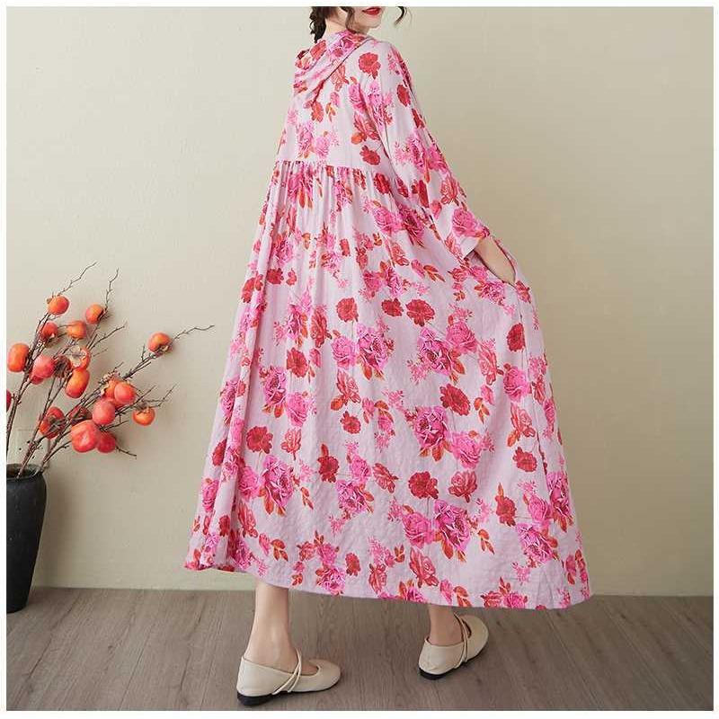 Ladies' Gentle Wind and Cloud Brocade Cotton and Hemp Hooded Printed Dress