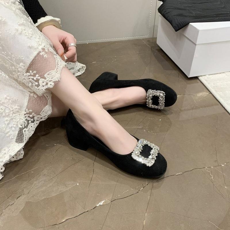 French Thick Heel Single Shoes Women's New Black Elegant Rhinestone High Heels Women's Low Cut New Shoes