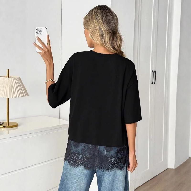 Women Crew Neck Loose Short Sleeve Lace Hem Splicing Casual Oversized T Shirt