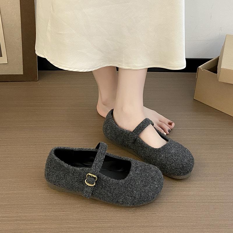 2025 Autumn New French Retro Round Head with Mary Jane Shoes Femininity Plush Flat Shoes