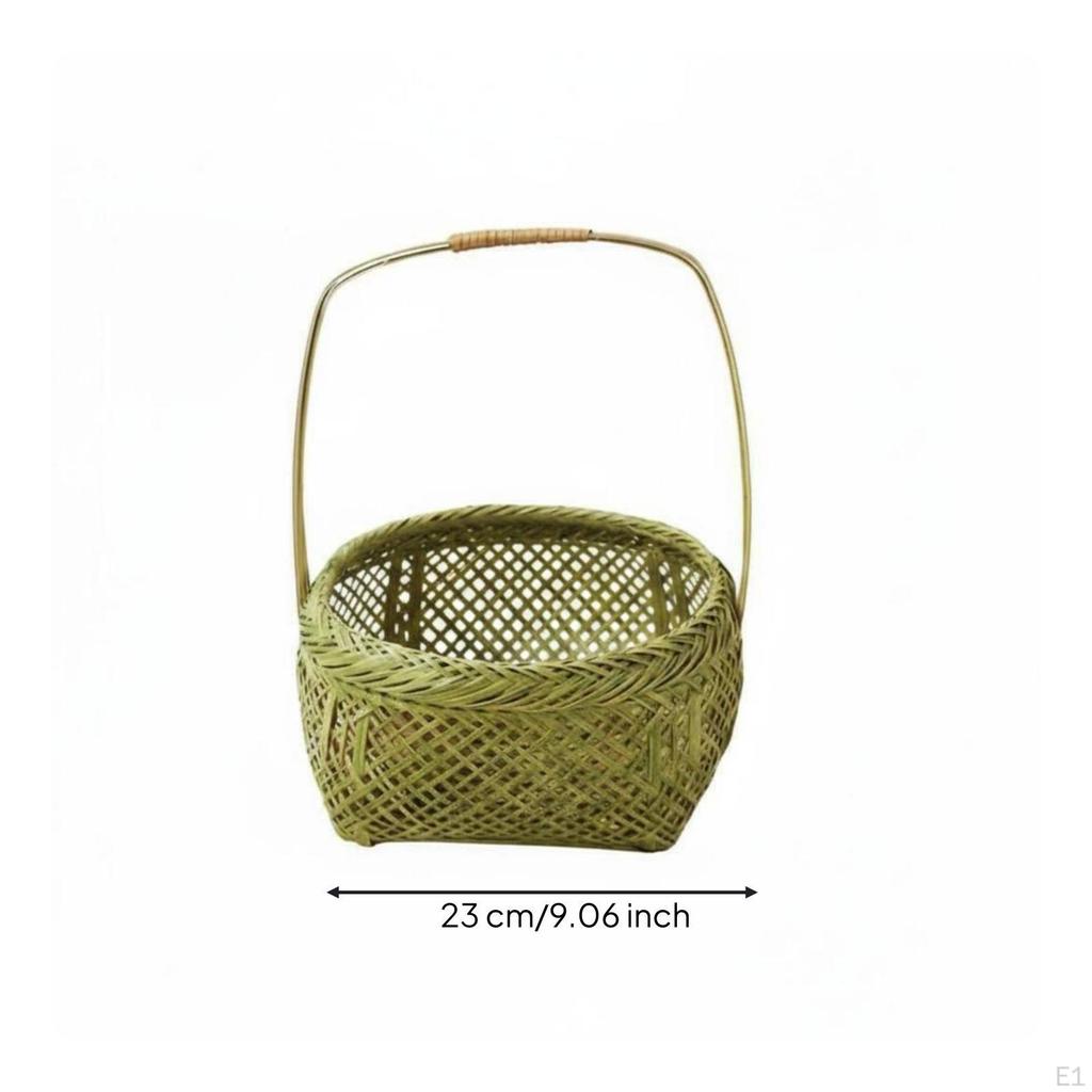 Woven Bamboo Basket Handmade Shallow Carrying Arched Handle Round Wicker Tray for Gift