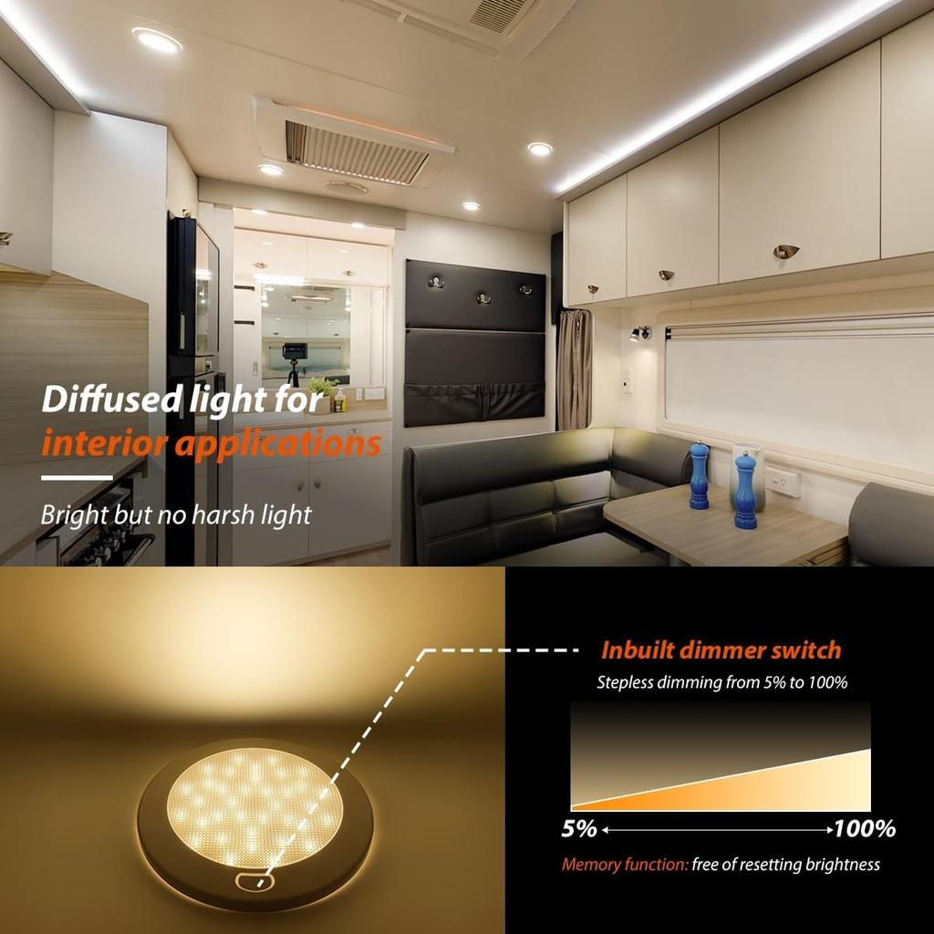 Dream lighting RV Interior LED Light with Dimmer Switch 12v Ceiling Light Fixture for RV Trailer Camper, Warm White Lighting, 4.5W, 300lumen, 5inch,