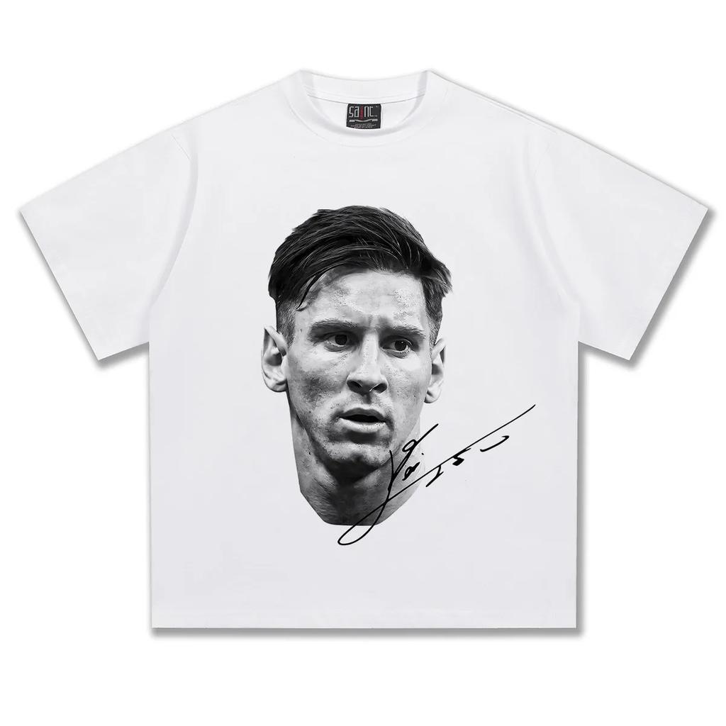 2025 Unisexs Short Sleeve Messi Messi American Football Head Vintage Print Fashion Loose Wash Heavy Short Sleeve Tshirt