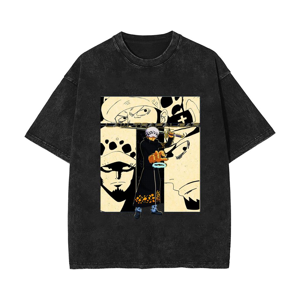 One Piece Luffy Kidd Law Printed Tshirt Mens and Womens Washed Tshirt High Quality Vintage Cotton Tshirt Harajuku Tops