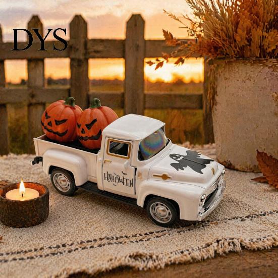 Alloy Vehicle Model Halloween Pick-up Truck Figurine, Holding Pumpkin Vintage Car Statue, Miniature Ornament for Holiday Party Table Centerpiece Metal