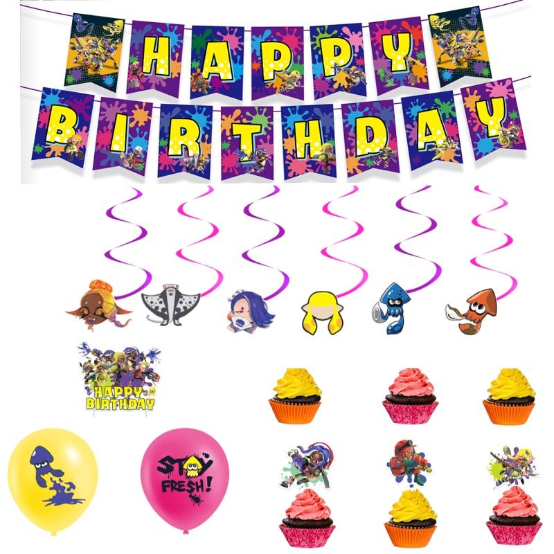 Splatoon3 Supplies Party Banner Cake Topper Balloons Kids Decoration Birthday