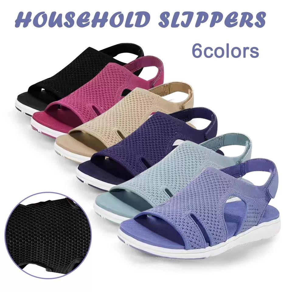 Foreign Trade Europe and the United States Summer New Women's Shoes Flying Woven Flat Bottom Breathable Solid Color Beach Shoes Lightweight Large S