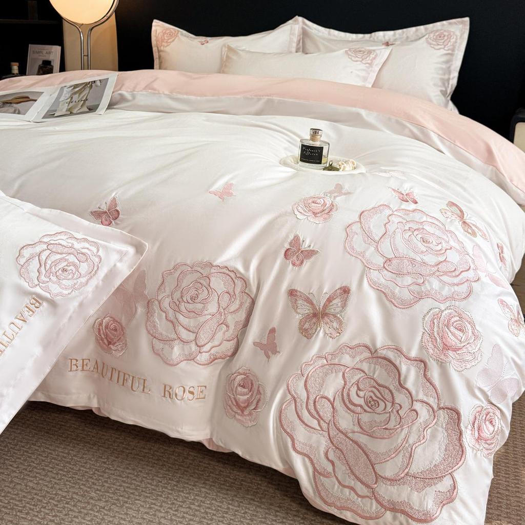 Light Luxury 100% Cotton Embroidered 4-Piece Bedding Set with Rounded Corner Sheets