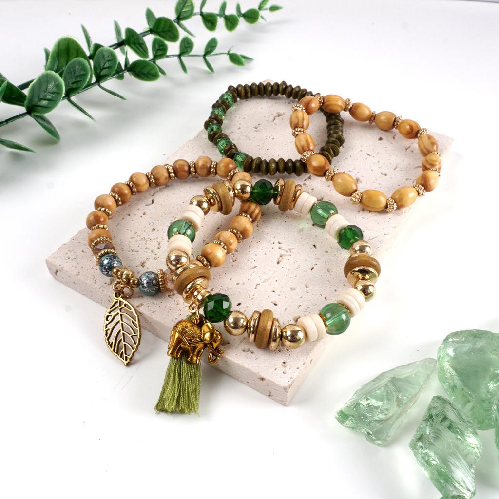 4pcs/set Boho Wooden Beaded Bracelet For Women Leaf Tassels Chain Bangle Bohemia Jewelry Accessory