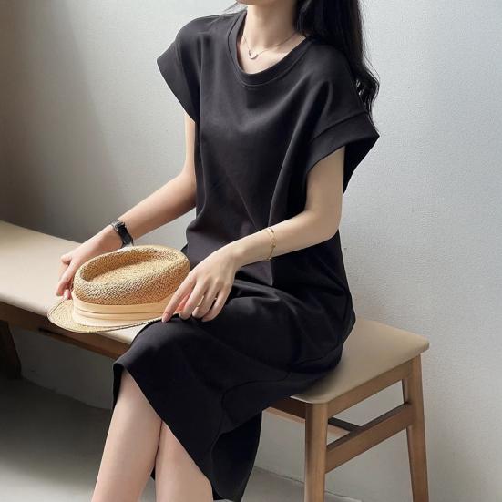 Women T-shirt Dress Round Neck Short Sleeve Loose Fit Casual Dress Solid Color Design Summer Dress Daily Wear