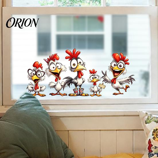 Versatile Adhesive Window Art Cartoon Rooster Static Glass Sticker, Funny Roosters Clings, PVC Removable Kitchen Privacy Film Decal, Waterproof