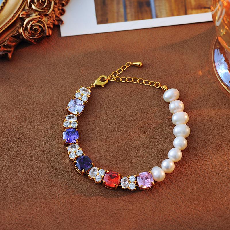 

Elegant Pearl Bracelet with Colorful Large Hollow Square Design