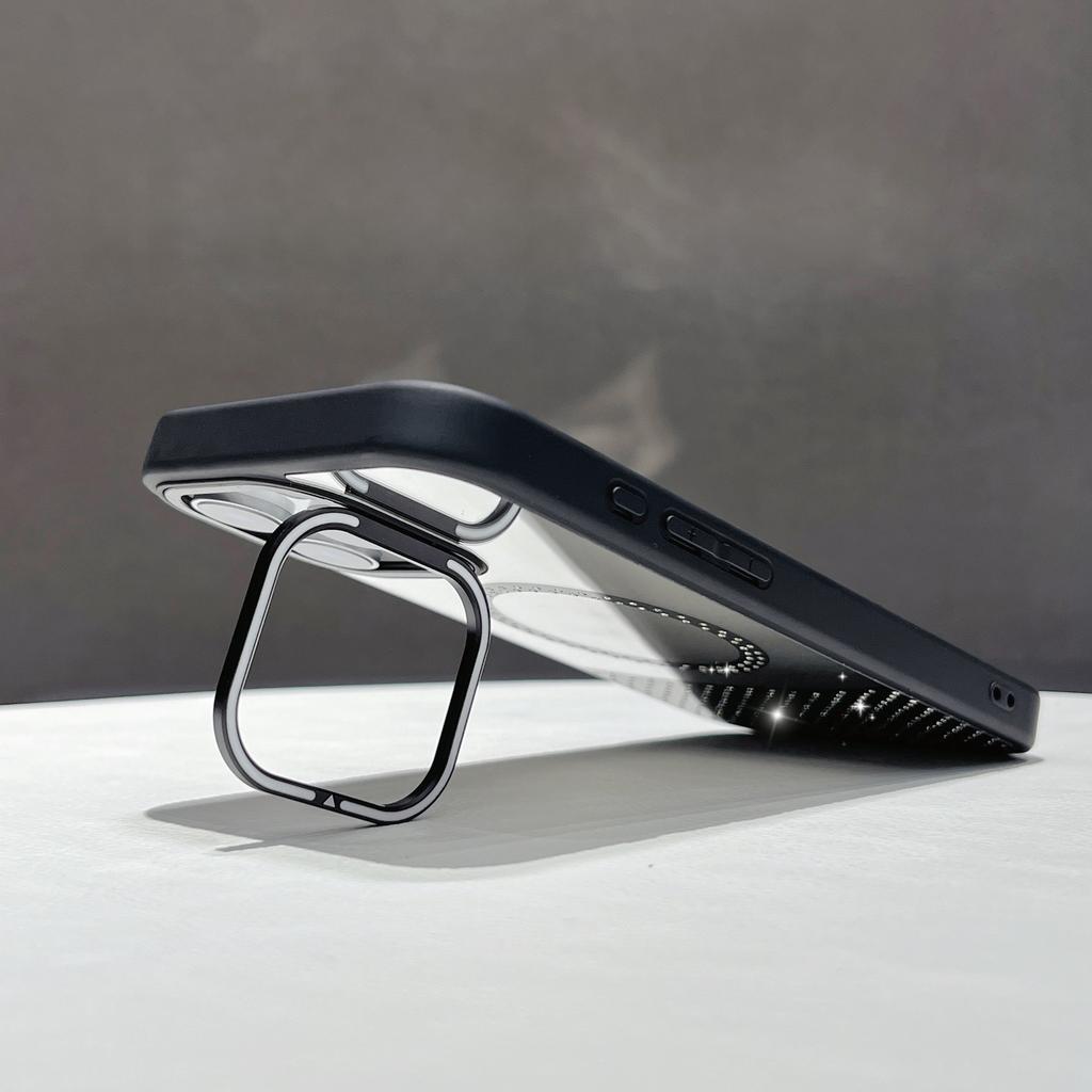 For iPhone 16 Pro Max Magnetic Case Mirror Surface TPU+PC Phone Cover with Lens Frame Kickstand