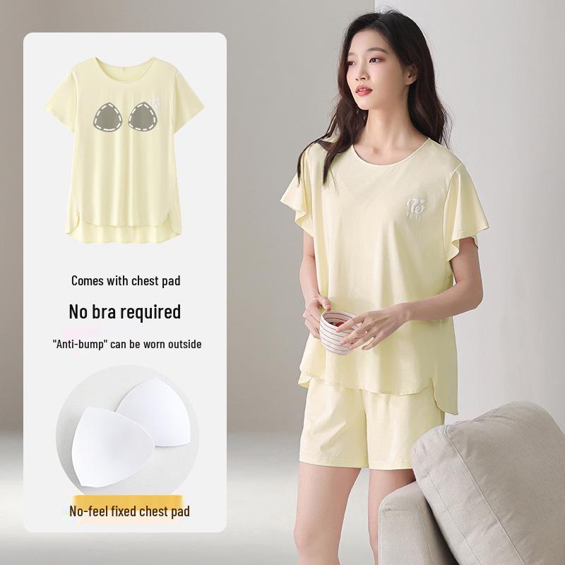 Lyocell Women's Summer Short Sleeve Pajama Set with Chest Pads - Casual Plus Size Home Wear