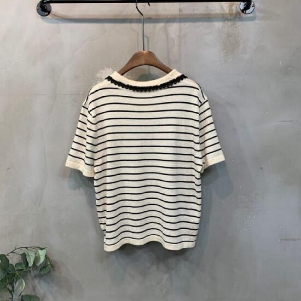 C S In The Room Short Sleeve Knit Dano Stripe laCe Collar 2Color