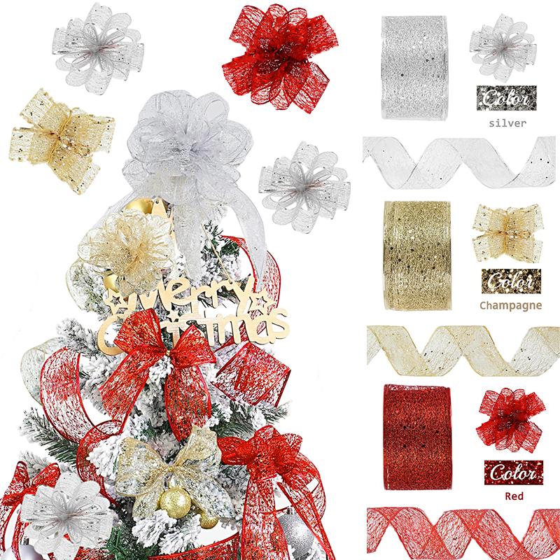1 Rolle Dekorationsmaterial Schleife Geburtstag Gaze Band Weihnachten Bastelzubehör Geschenkverpackung Gold Silber Rot Hochzeit 2m/3m/5m