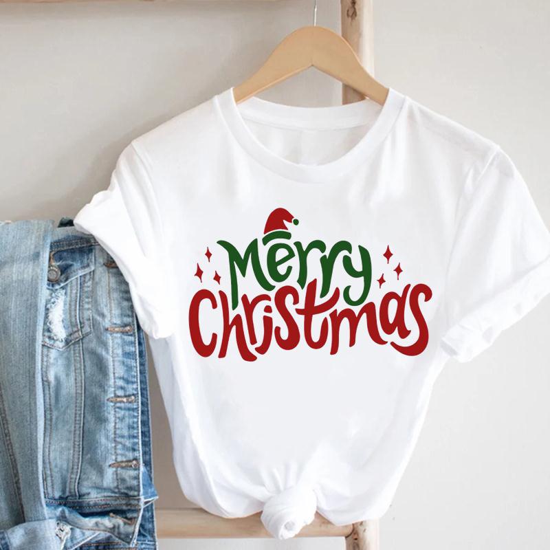 Cartoon Rudolph Reindeer Snowflake Print T Shirt Women Merry Christmas Holiday Short Sleeve Top
