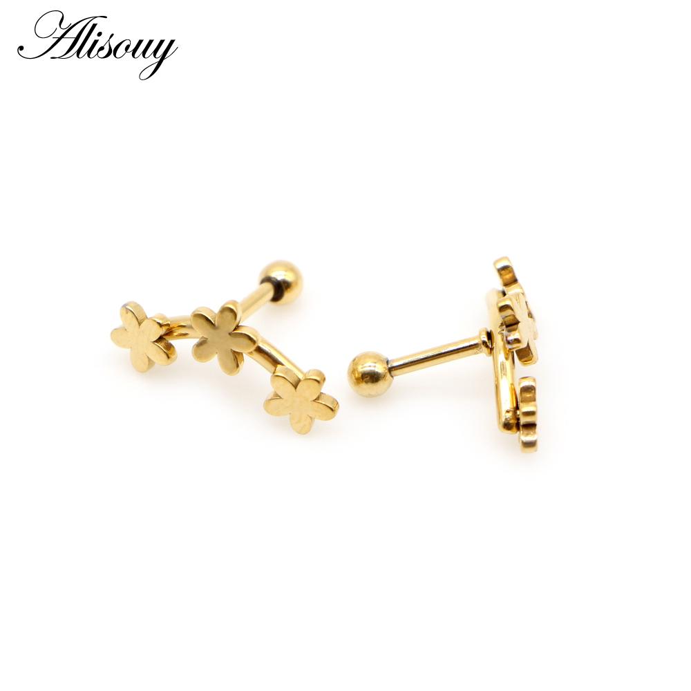 Alisouy 2pcs Fashion Three Flowers Stars Stainless Steel Men Women Ball Screw Ear Stud Earrings Unisex Piercing Jewelry Gift