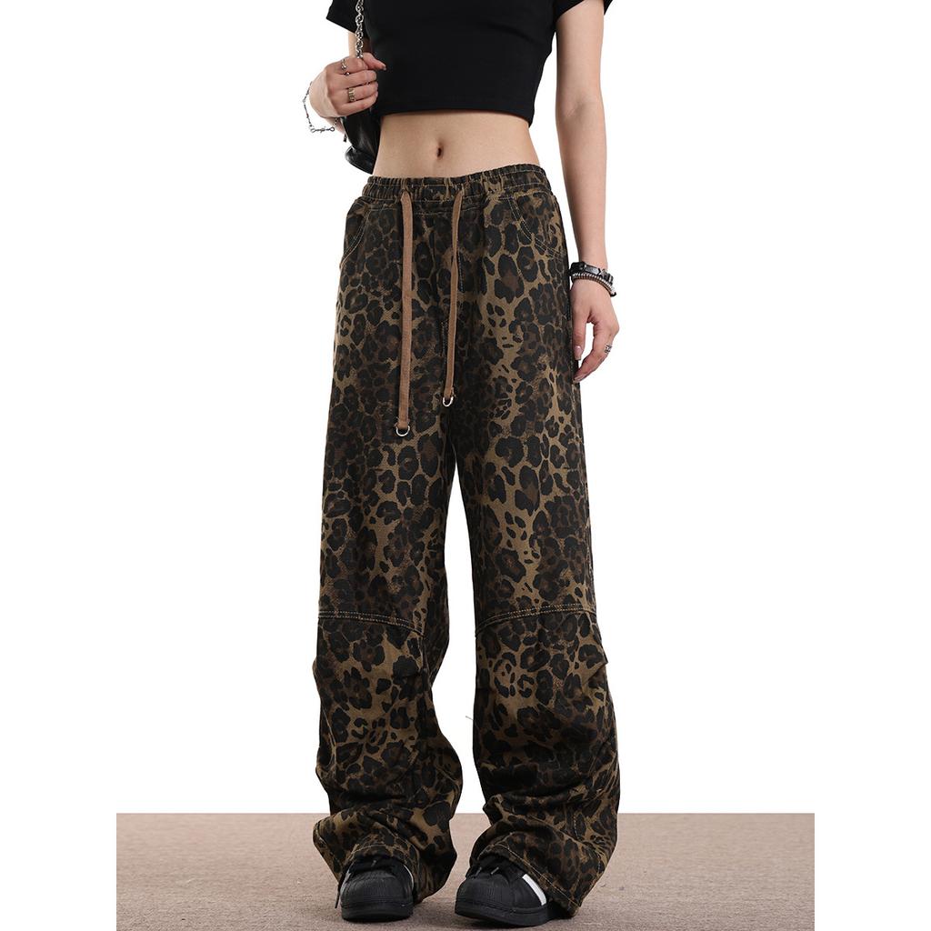 GMXIA Leopard Print Pants Spring Straight Hip Hop Hop Cargo Casual Pants