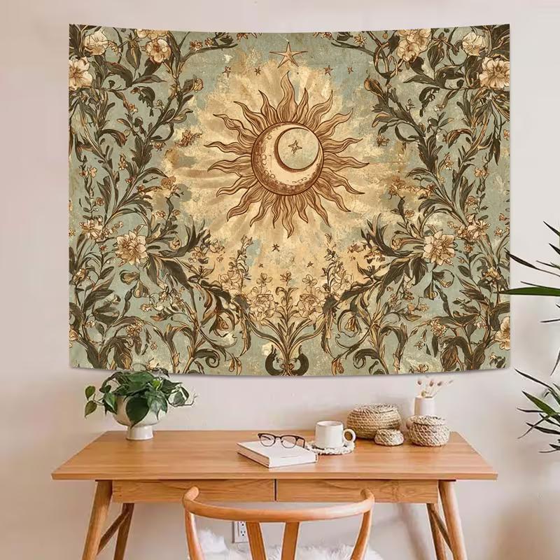 Tapisserie 2D Dark Academia Soleil Lune, Décor Mural Céleste Floral Rétro