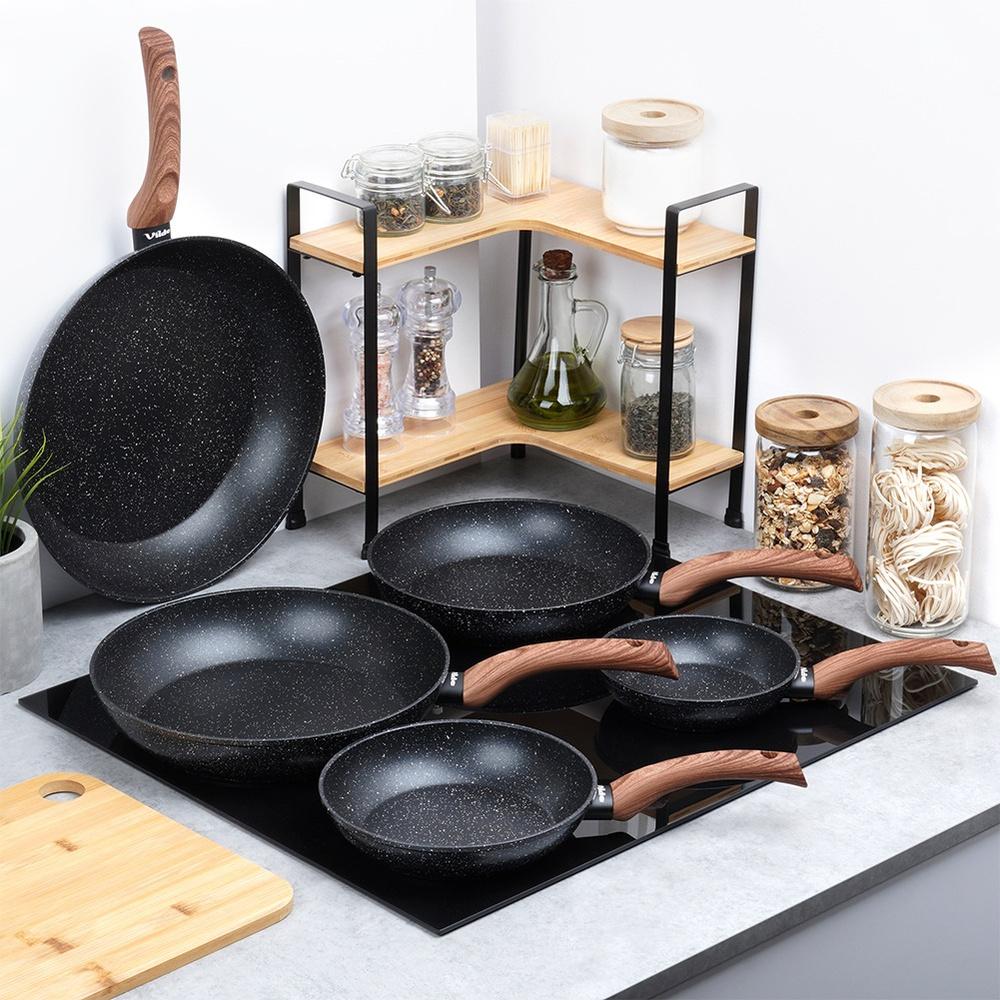 Set Of Granite Frying Pans Black&Wood 16 / 20 / 24 / 28 / 32 Cm 5 Pcs.