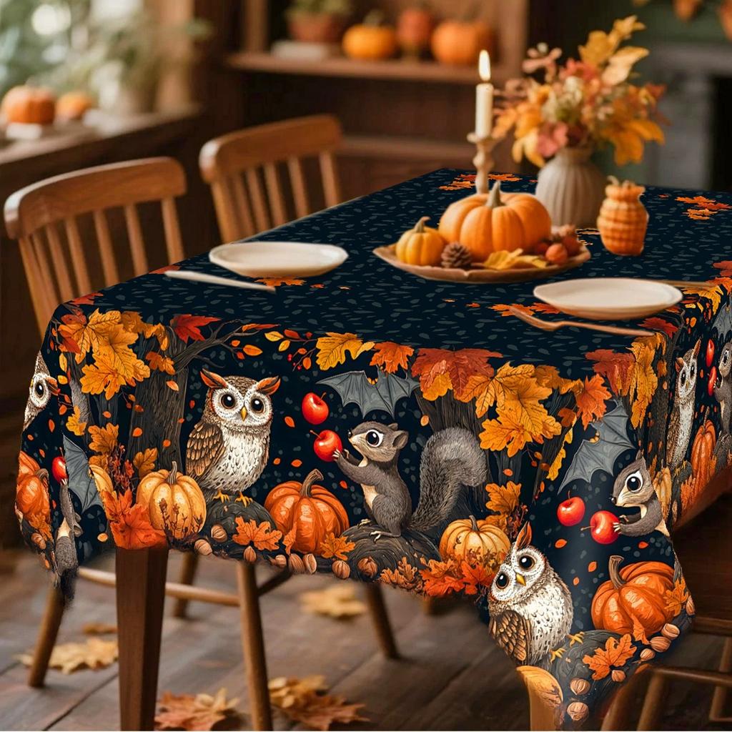 Autumn Forest Raccoon Pattern Tablecloth, Retro Style Design, Suitable for Thanksgiving, Family Dinner and Other Festive Scenes