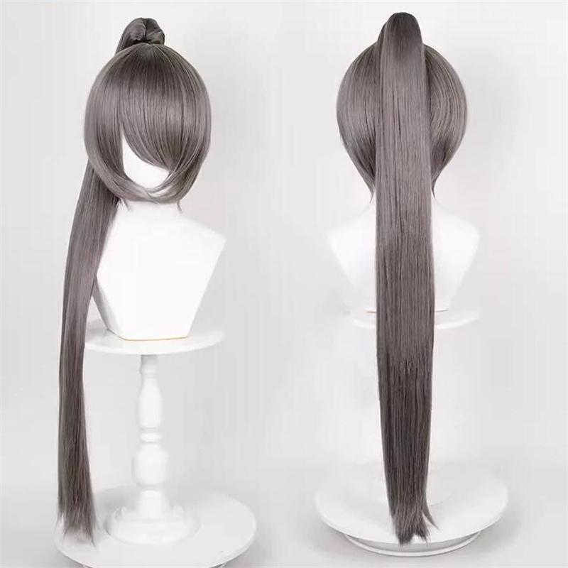 Peruca de cosplay de rabo de cavalo reto de 90 cm, peruca curta de anime, peruca universal multicolorida, resistente ao calor, cabelo sintético + touca