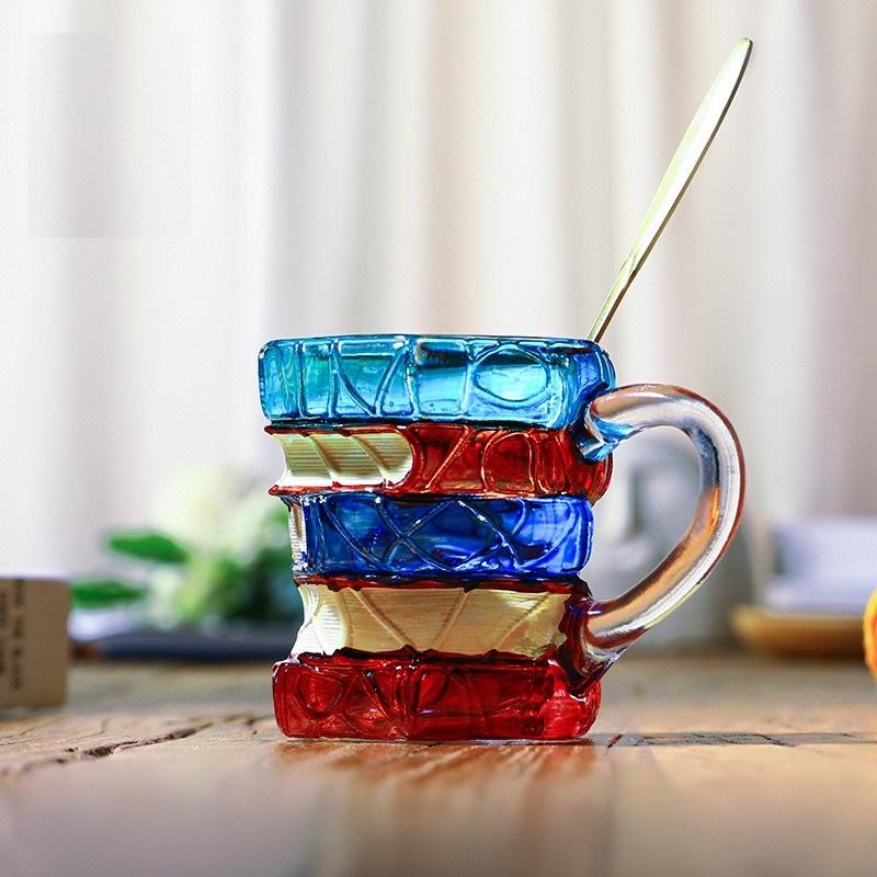 Colorful Stacked Books Shaped Glass Mug, Hand-Painted Stained Glass Style Coffee Cup