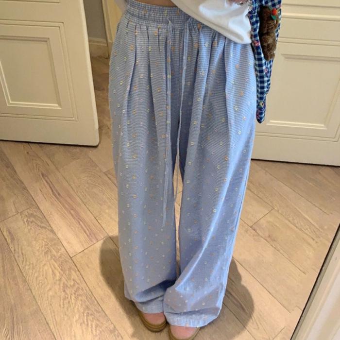 2025 Najlepiej Sprzedające się Damskie Kolorowe Spodnie Letnie w Kropki z Szerokimi Nogawkami - Długość do Podłogi, Casualowe Spodnie w Kratę z Teksturą