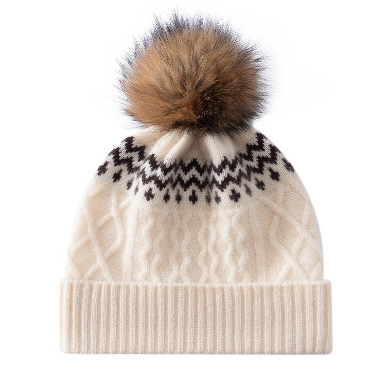 Autumn and Winter New Color Matching% Cashmere Jacquard Knitted Hat Women's Versatile Warm Fashion Ear Protection Wool Hat