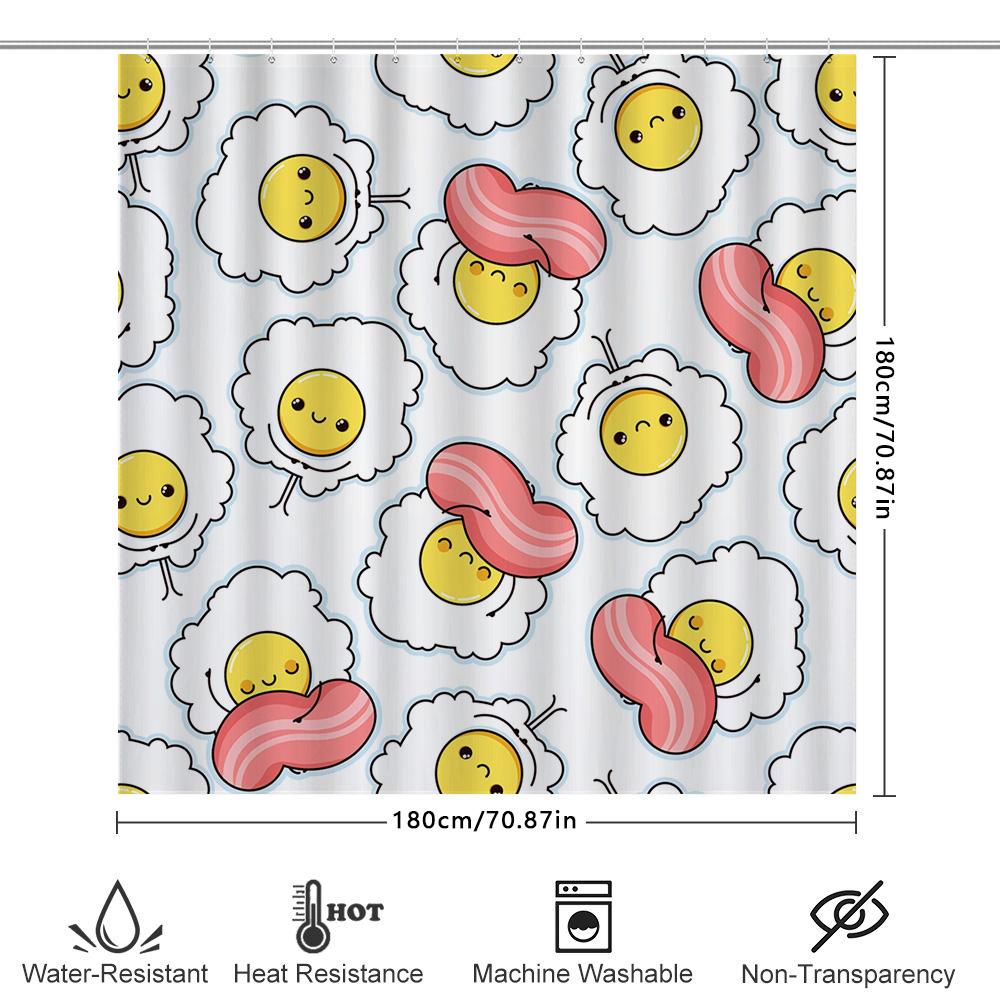 Adorable Kawaii Cartoon Bacon And Egg Shower Curtain For Bathroom Decor White With Pink And Yellow Accents (Size: 72X84 Inches)