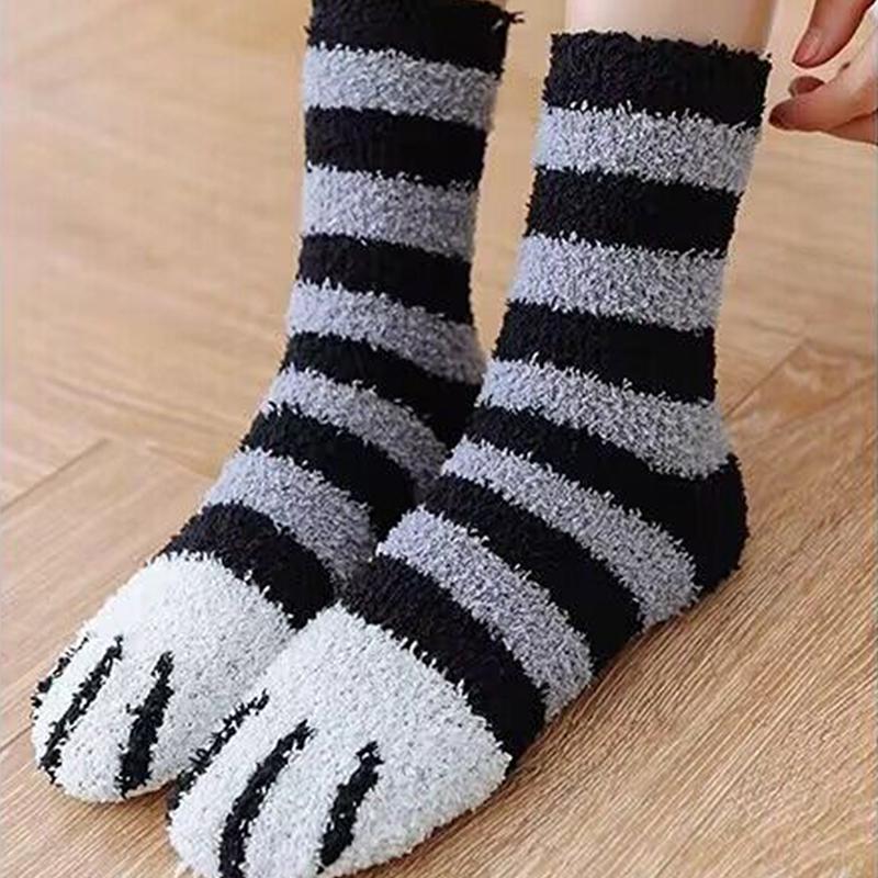 1 Pair Autumn Winter Coral Velvet Socks Cute Cat Claw Socks For Women Girls Middle Tube Thickened Sleep Socks Home Floor Socks