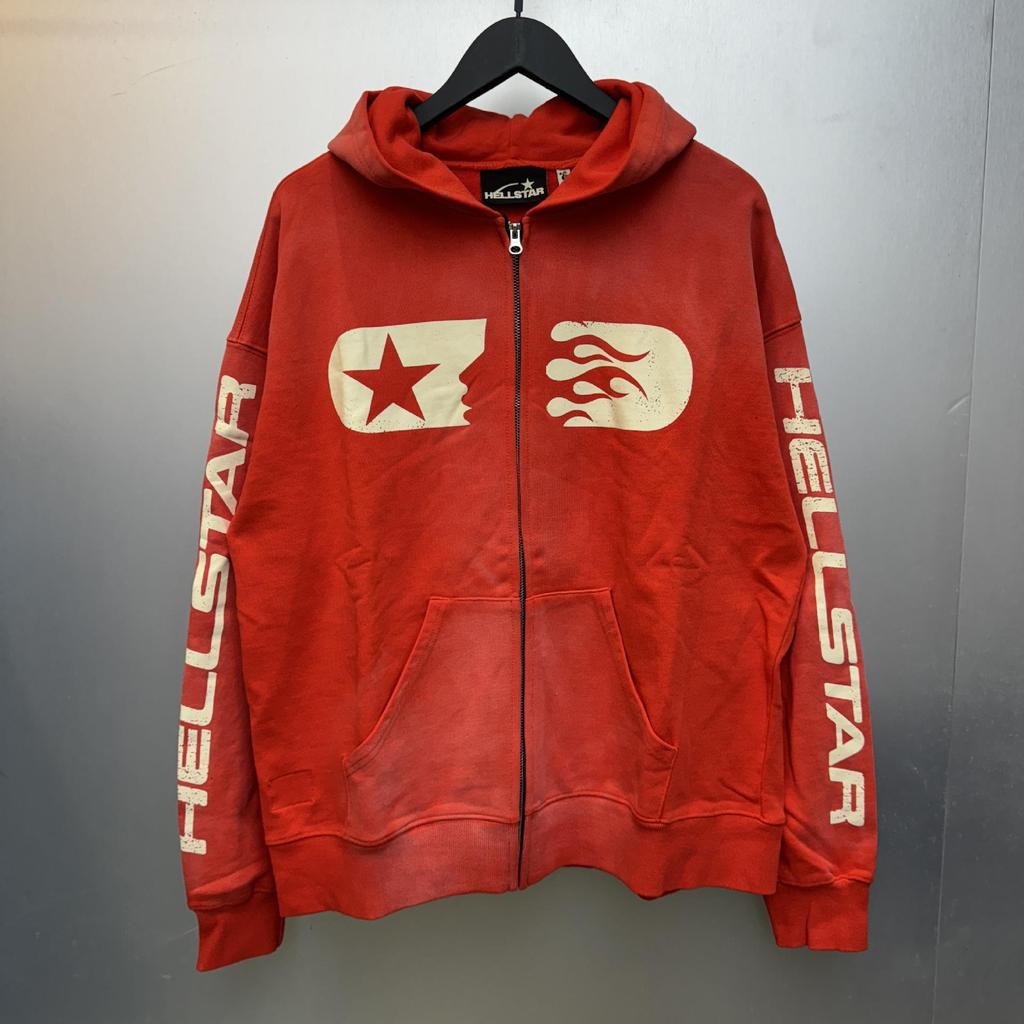 Hellstar Ausgefranster Retro Lockerer Reißverschluss Reiner Baumwoll Hoodie - Amerikanischer Hip Hop Stil