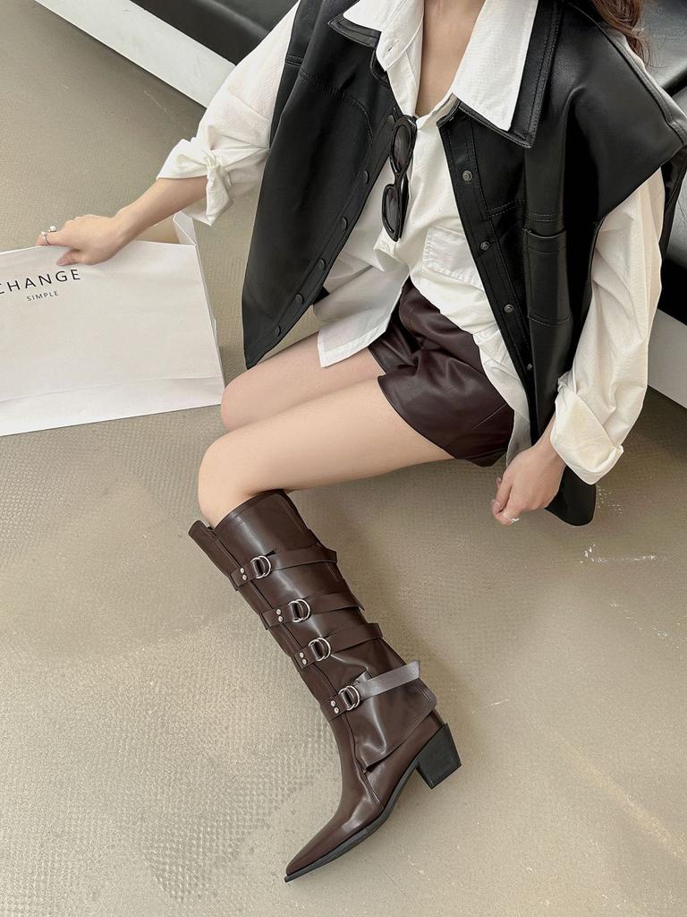 2025 nya europeiska och amerikanska stil bältesspänne tunna tjocka klack spetsiga riddarstövlar