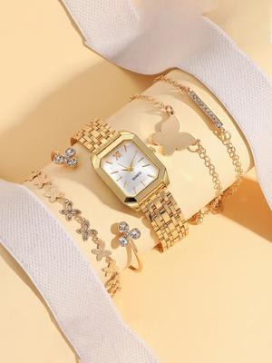 Fashion Light Luxury Alloy Material Women's Quartz Watch Bracelet Set of 5, Suitable for Thanksgiving Christmas Gifts