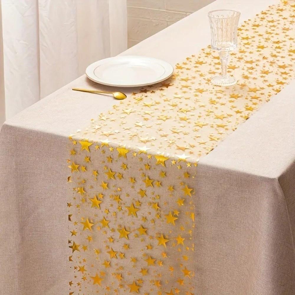 Creative Sheer Mesh Bling Star Table Runner Star Pattern Romantic Mesh Table Runner Polyester Washable Table Cloths Home Party