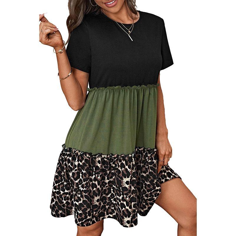 

2024 Summer New Arrival Leopard Print Color Matching T-shirt Dress Women European and American Leisure Loose Belly-Covering Knee-Length Skirt Women Green Size S fit (45.00 kg-55.00 kg
