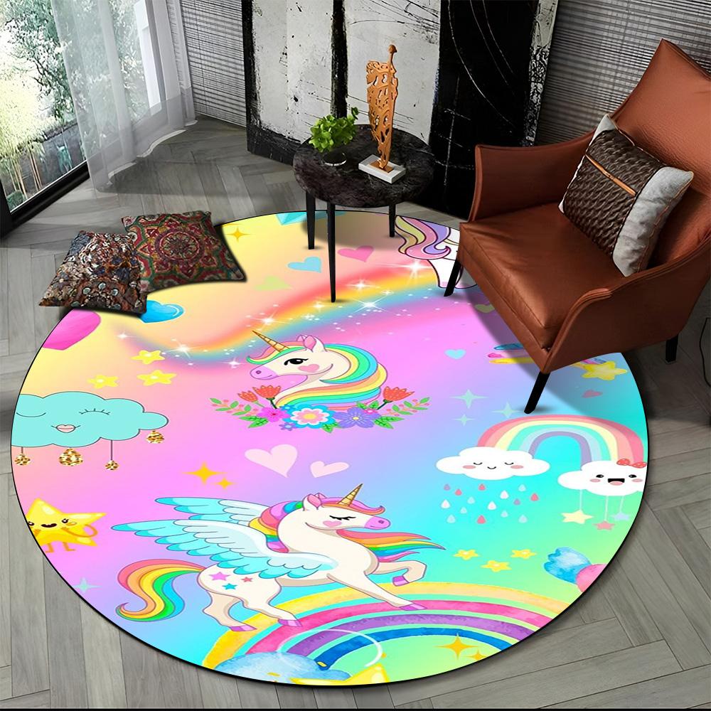 Unicorn Cartoon Animal Round Carpet Rug for Living Room Children's Bedroom Sofa Decor,Kid Paly Game Area Rug Non-slip Floor Mat