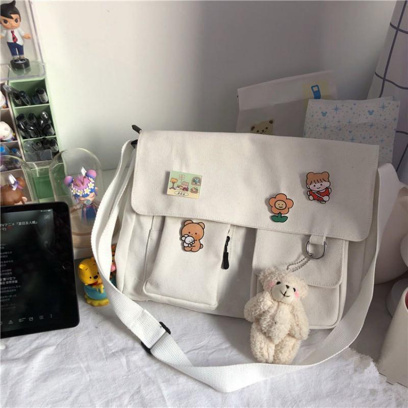 Japanese Harajuku Cute Retro Girl Shoulder Bag Chic Badge Canvas Crossbody School Bags Student Solid Color Messenger Bag Satchel