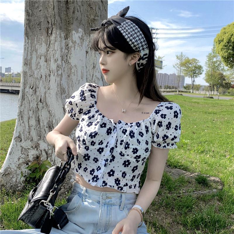 

WTEMPO Брендовая летняя французская ниша с чувством дизайна Цветочная короткая облегающая рубашка с короткими рукавами и квадратным вырезом с рукавами-фонариками L белый