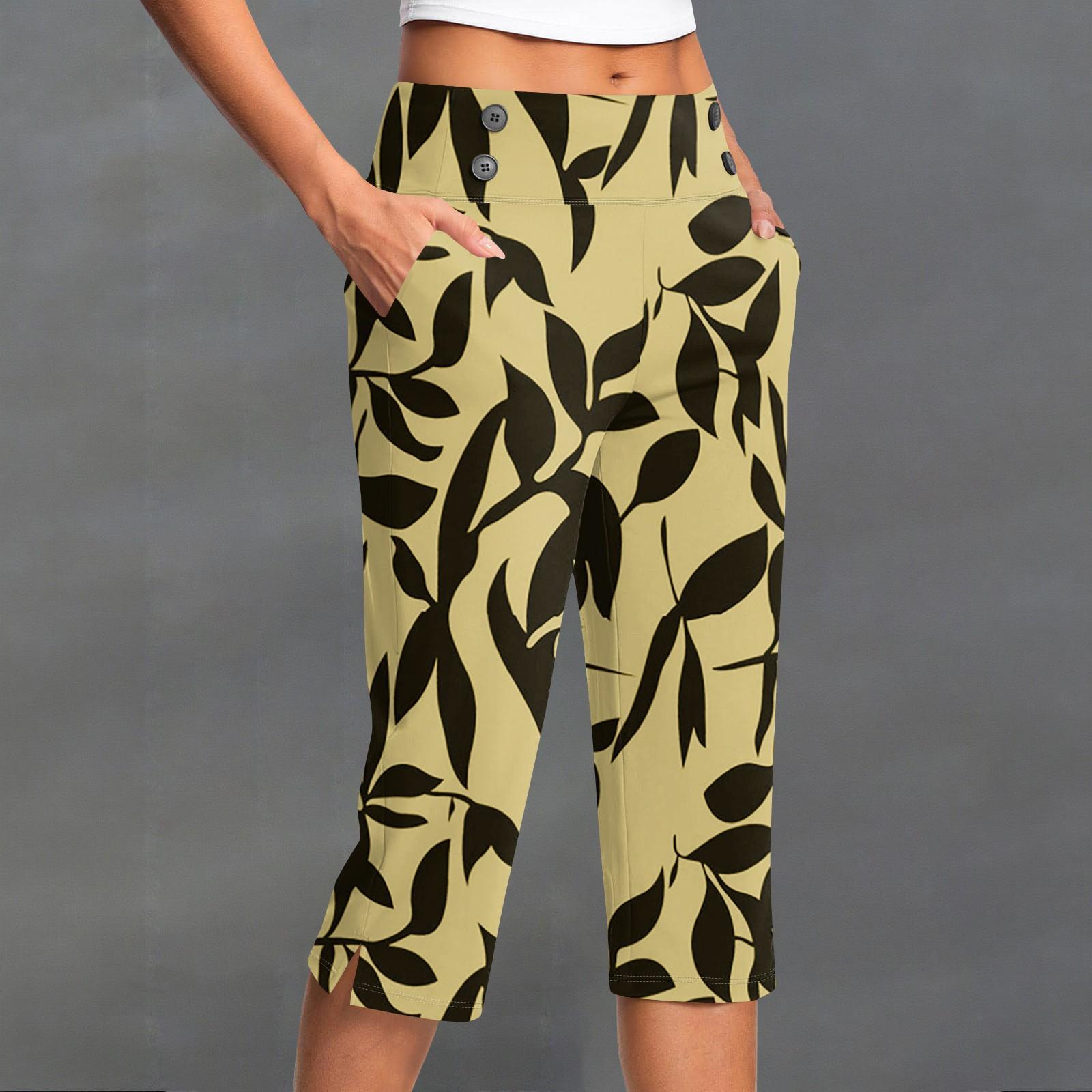 

Женские винтажные брюки с цветочным принтом, на пуговицах, с карманами, с разрезом, с высокой талией, спортивные, для йоги, повседневные XL жёлтый