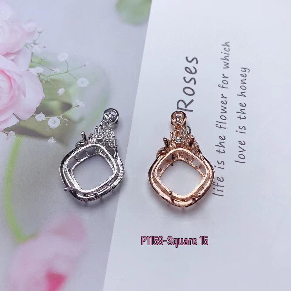 

S925 Silver Plated Women s Necklace: White, Rose, & Gold Pillow Square 15x15MM Semi-Set Pendant Silver Setting 15*15MM