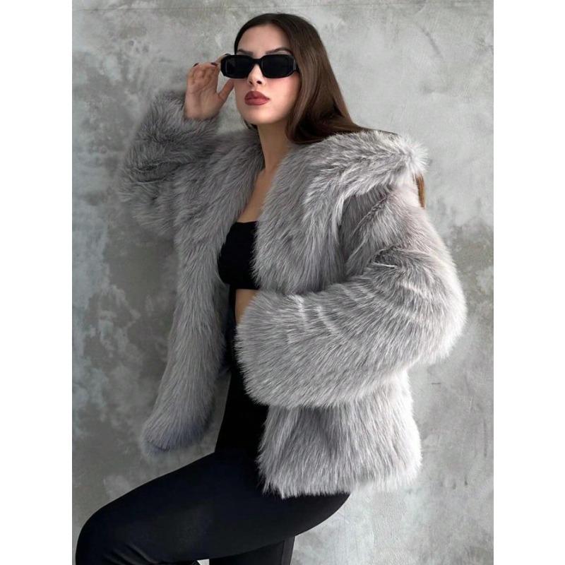 Stylish big lapel imitation fur jacket femininity elegant celebrity long-sleeved thermal coat fluffy top