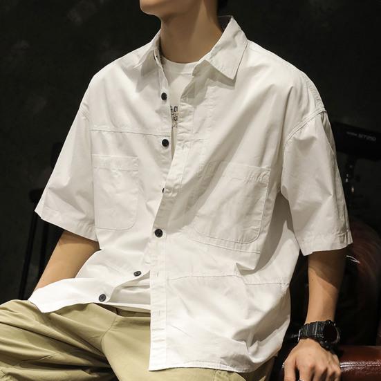 Spring Men Cargo Shirt Turn-down Collar Single-breasted Loose Mid Length Solid Color Chest Pocket Breathable Soft Short Sleeves Streetwear Outdoor Top