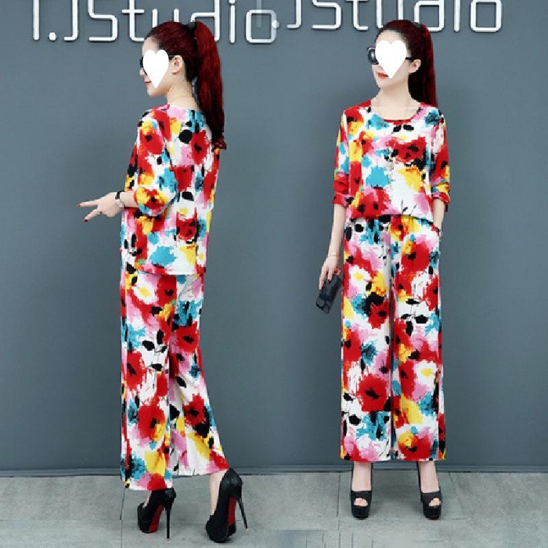 Plus Size Women's Spring and Summer Fashion Four-way Elastic Two-piece Set with Nine-quarter Sleeves Multi-color Loose Version Trend Suit