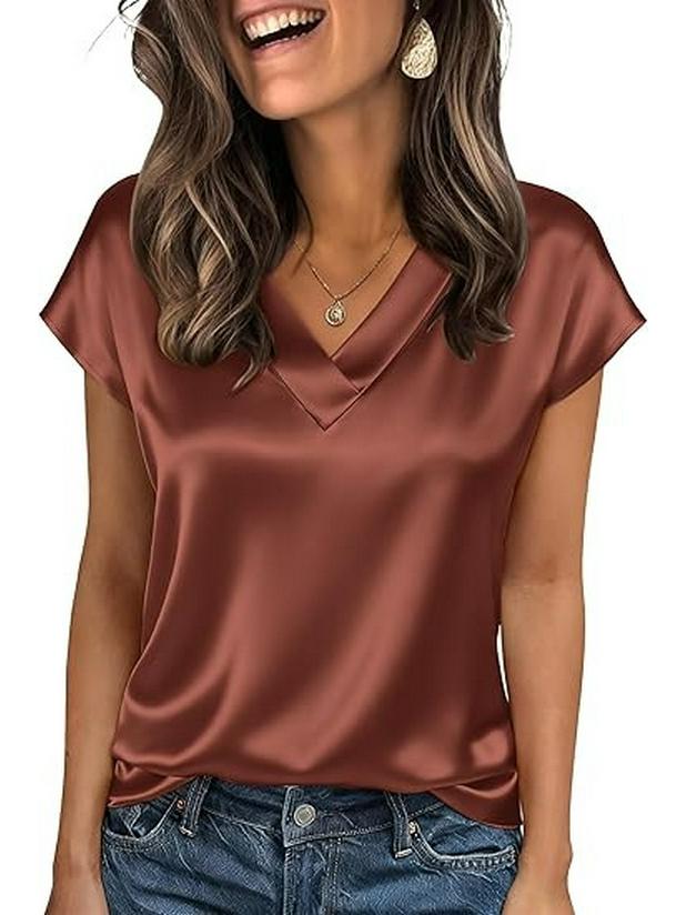 Einfarbiges Satin-T-Shirt mit V-Ausschnitt für Damen - Frühling/Sommer Europäische & Amerikanische Mode Pullover Top