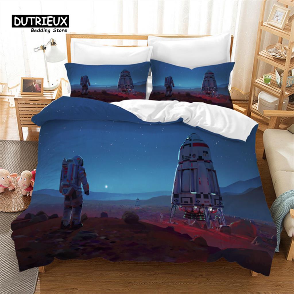 Cartoon Astronaut Duvet Cover King For Boys Girl Galaxy Space Bedding Set Microfiber Rocket Ship Space Adventure Comforter Cover
