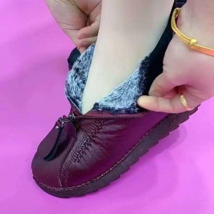 Winter Casual Fleece and Thickened Snow Boots, Large-sized Low-top Zipper Women's Cotton Shoes
