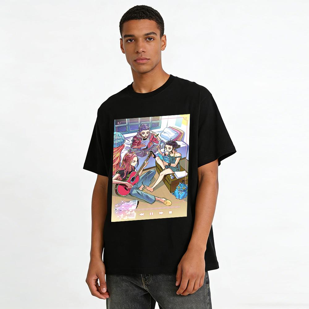 Anime Girls Band Gathering Print T-Shirt Bestie Matching Loose Breathable Crew Neck Top Pure cotton T-shirt